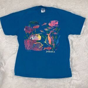 Vintage Hanes Beefy-T Blue Graphic‎ Jamaica Single Stitch T-Shirt Large